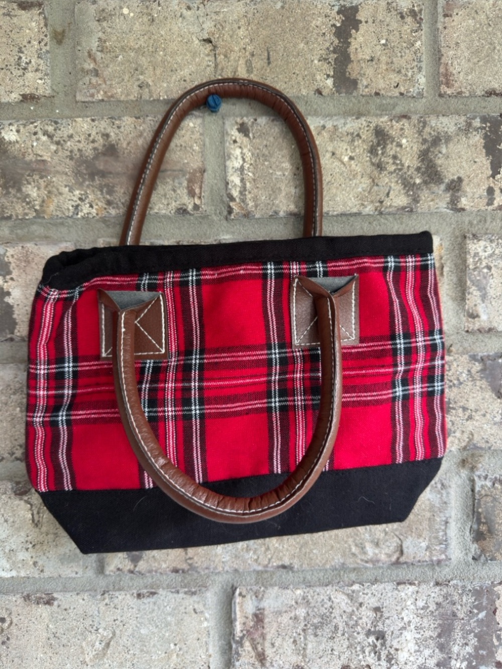 Red Plaid Canvas Tote Bag with Brown Handles